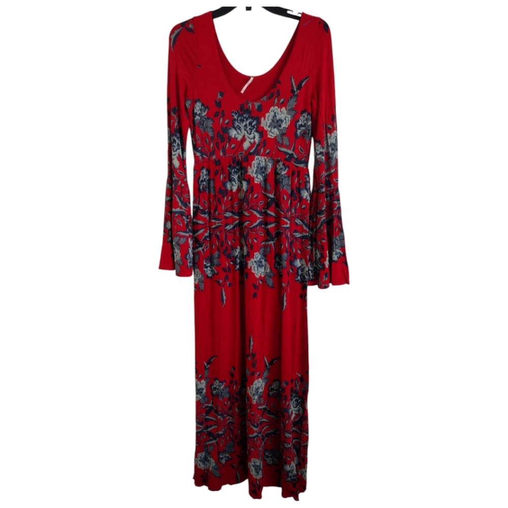 Free People midnight garden red floral maxi dress bell sleeves size small
